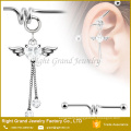 Surgical Steel Pink Clear Heart CZ Angel Wing Charm Dangle Ear Industrial Barbell